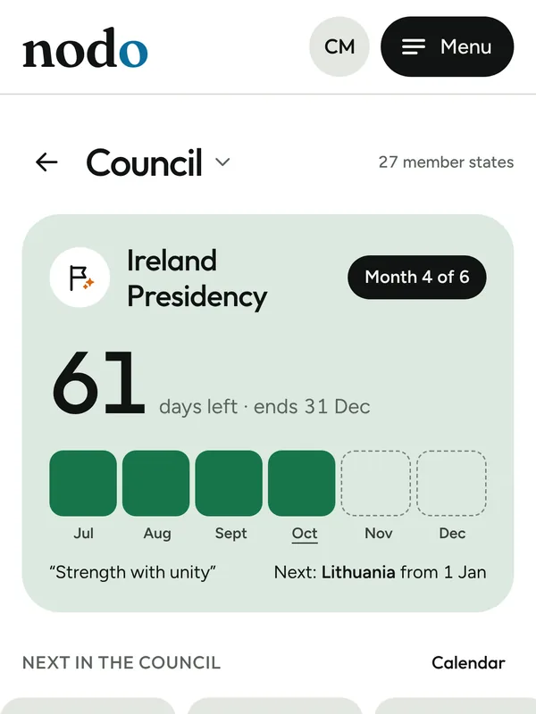 The Council in nodo: the Ireland Presidency clock with 61 days left, and the next Coreper and ECOFIN meetings.